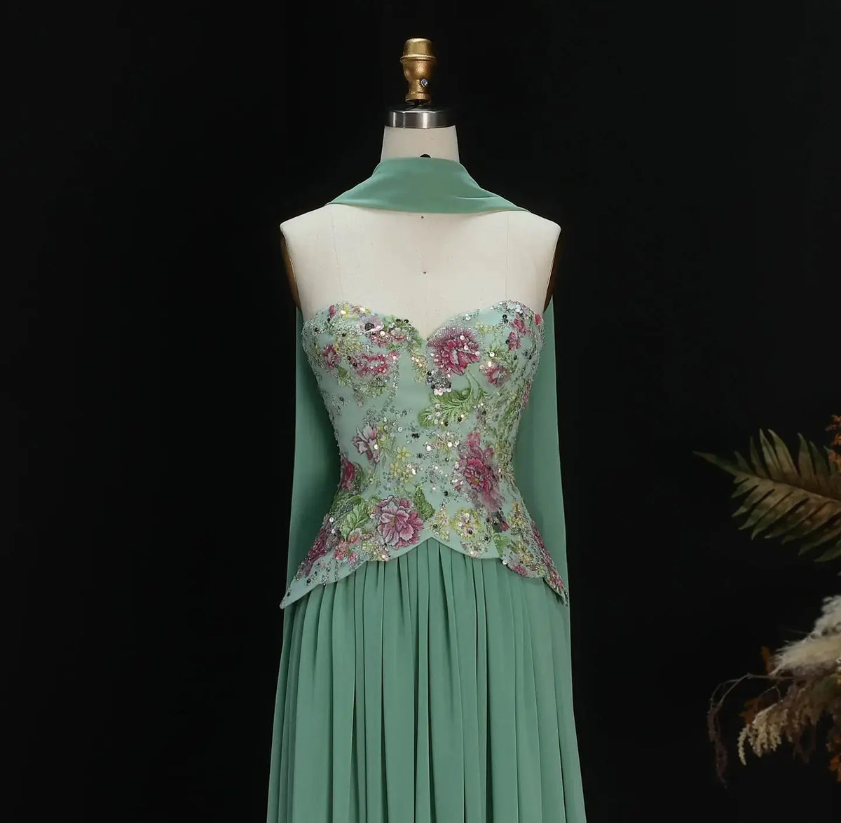 Chic Pink Floral Embellished Peplum Chiffon Evening Dress with Scarf SS480 