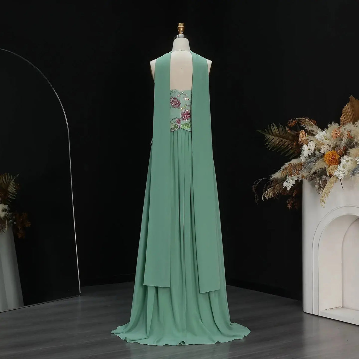 Chic Pink Floral Embellished Peplum Chiffon Evening Dress with Scarf SS480 