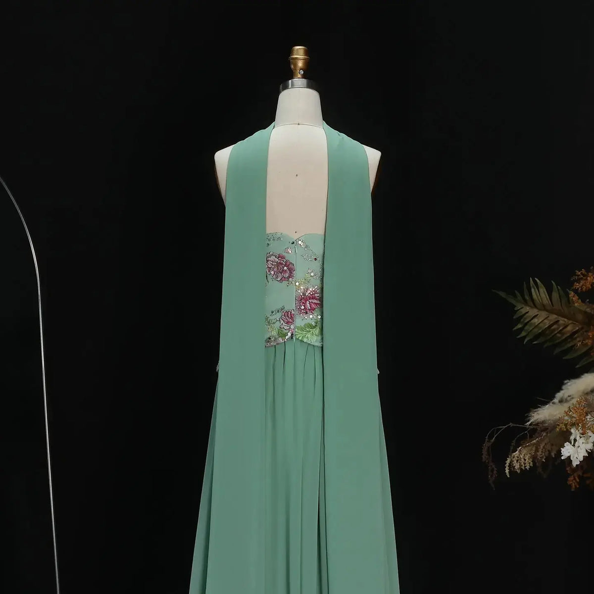 Chic Pink Floral Embellished Peplum Chiffon Evening Dress with Scarf SS480 