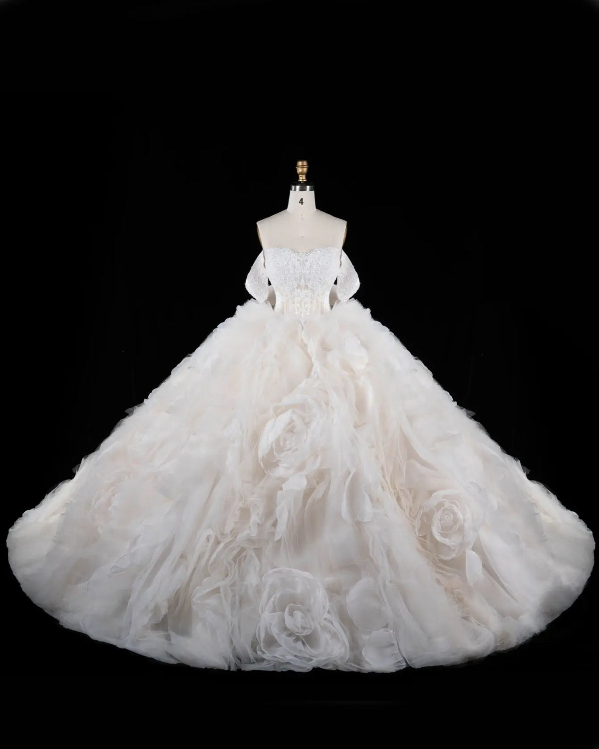 Off White Lace Corset Tiered Ruffle Tulle Wedding Dress-2
