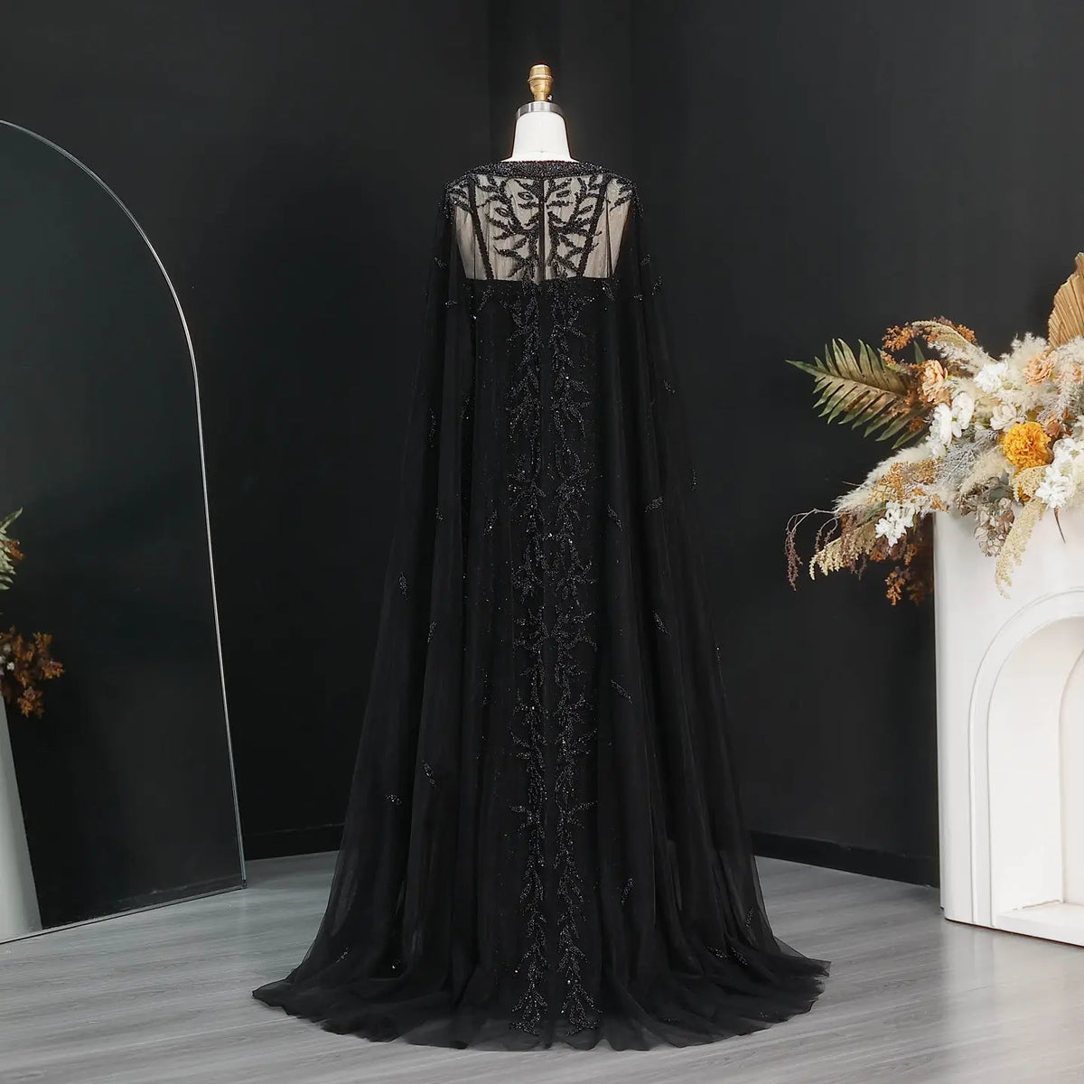 Elegant Pink Beaded Evening Gown with Sheer Cape SS393 