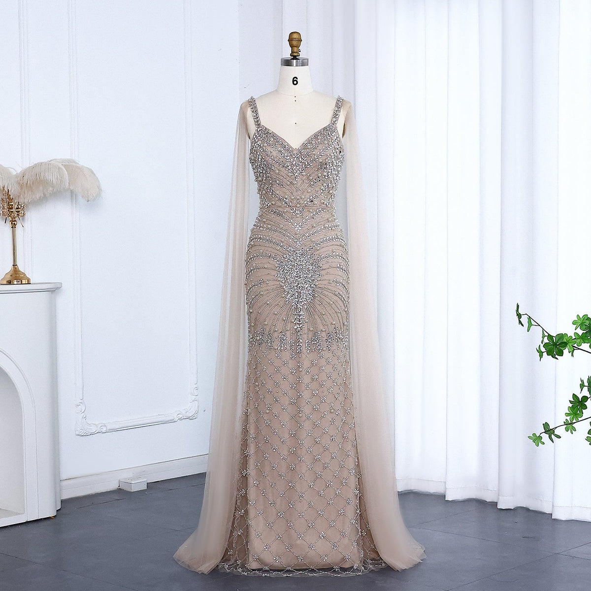 Luxury Rhinestones Silver Nude Spaghetti Evening Dress SS188  Champagne / US 18