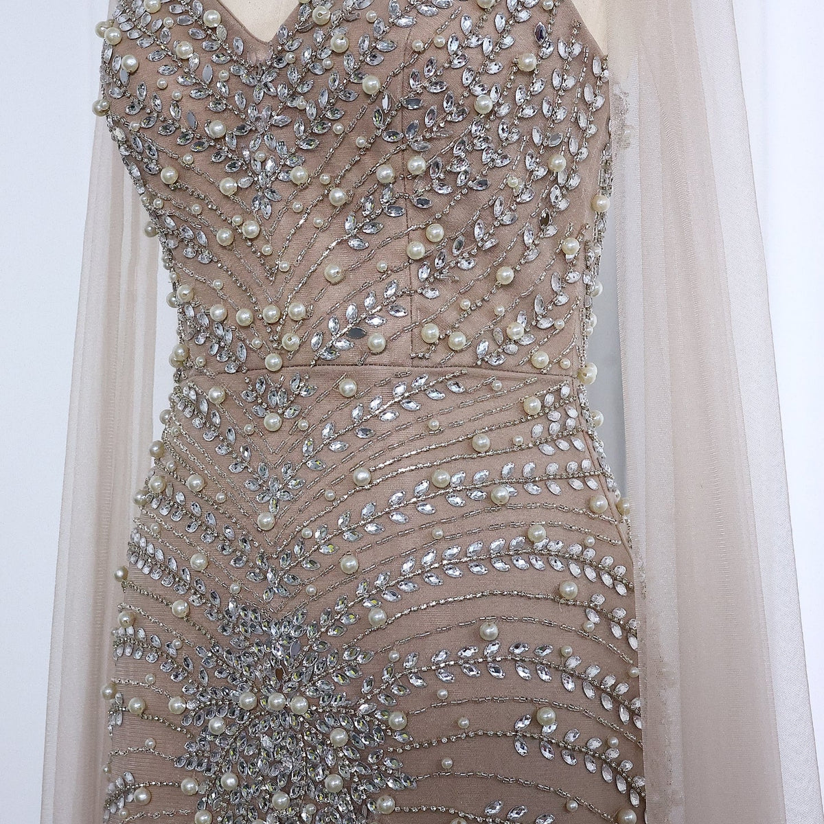 Luxury Rhinestones Silver Nude Spaghetti Evening Dress SS188