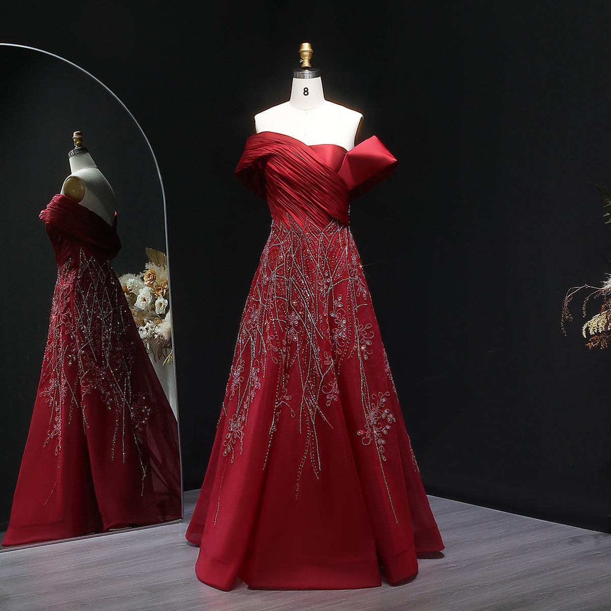 Luxury Burgundy Beaded Off Shoulder Evening Gown SS582 