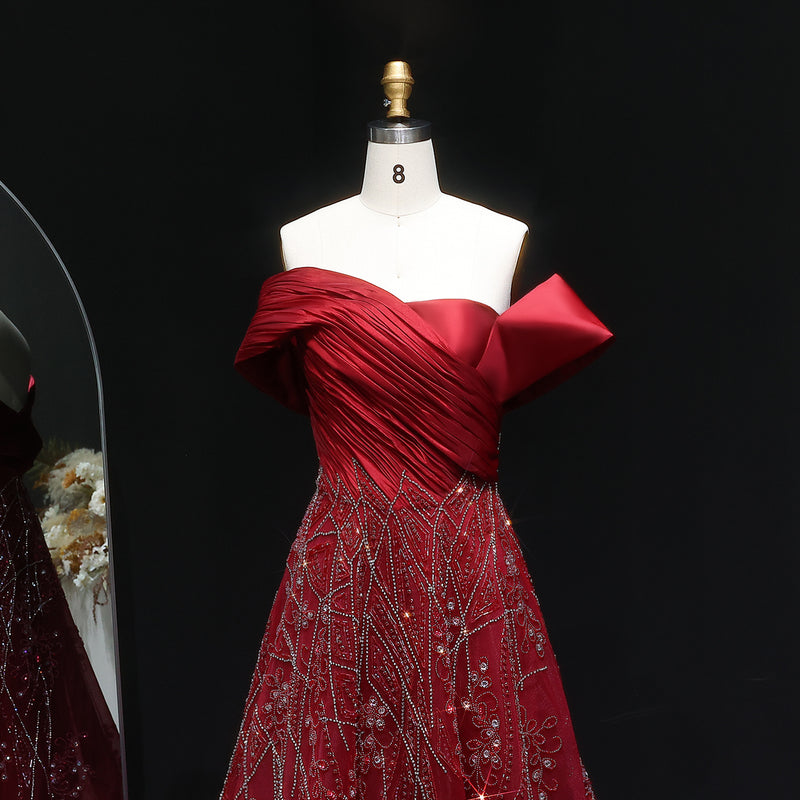 Luxury Burgundy Beaded Off Shoulder Evening Gown SS582 
