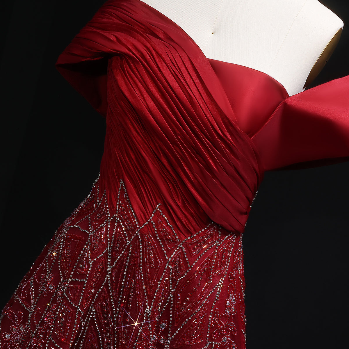 Luxury Burgundy Beaded Off Shoulder Evening Gown SS582 