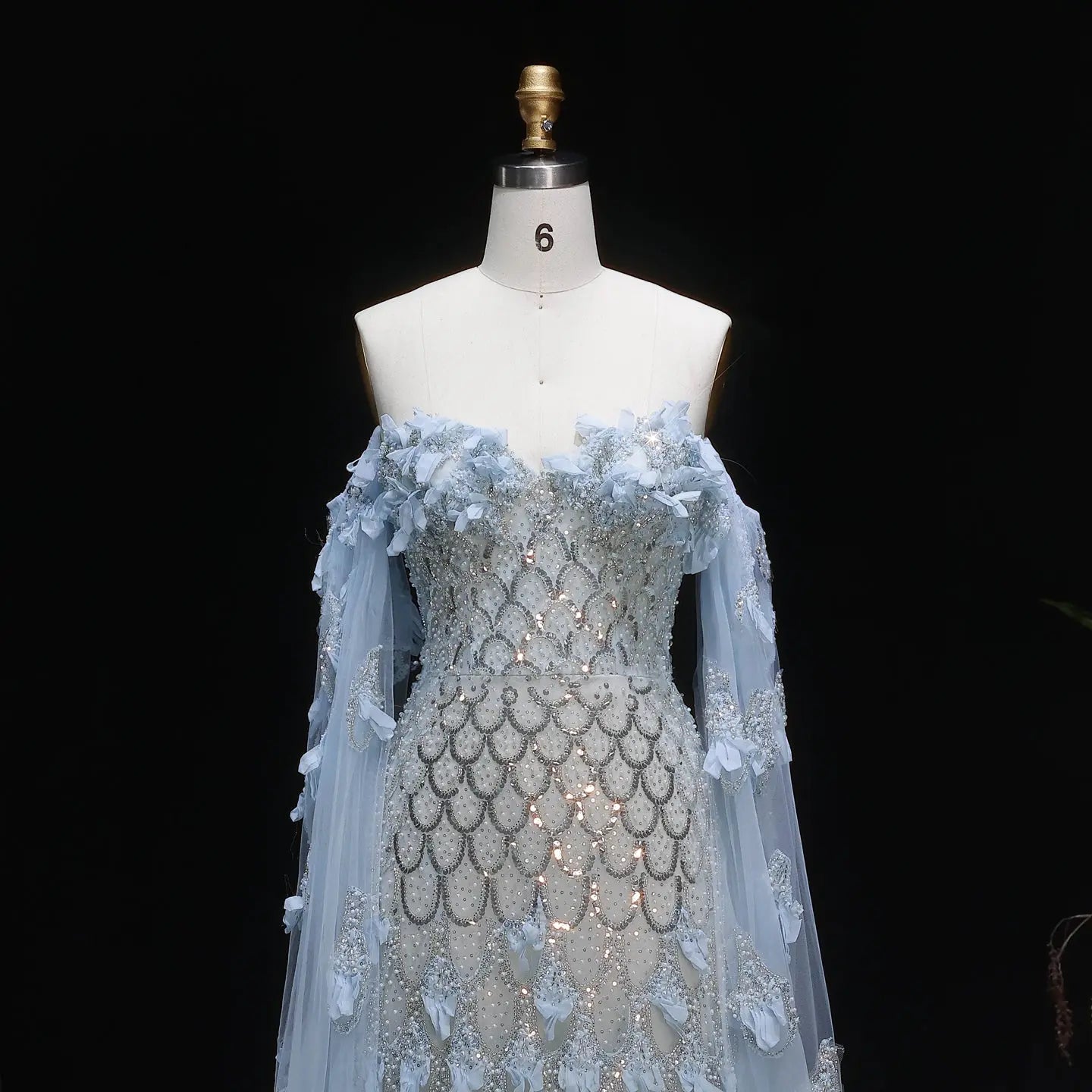 Soft Blue 3D Floral Tulle Mermaid Evening Dress with Cape Sleeves