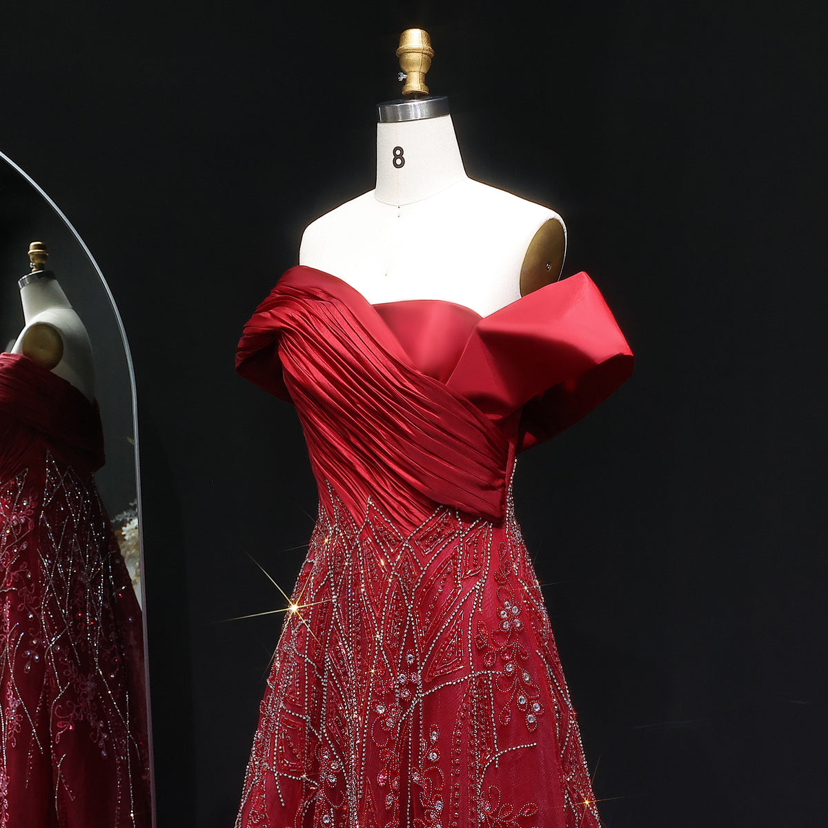 Luxury Burgundy Beaded Off Shoulder Evening Gown SS582 