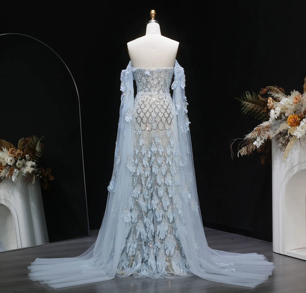 long sleeve 3d floral dress Luxury 3D Flower Gray Long Sleeves Evening Dresses for Wedding Party S DreamyVow