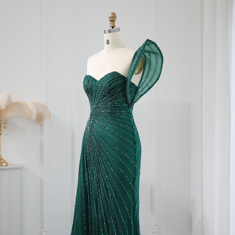 Emerald Green One Shoulder Slit Evening Dress with Overskirt SS201