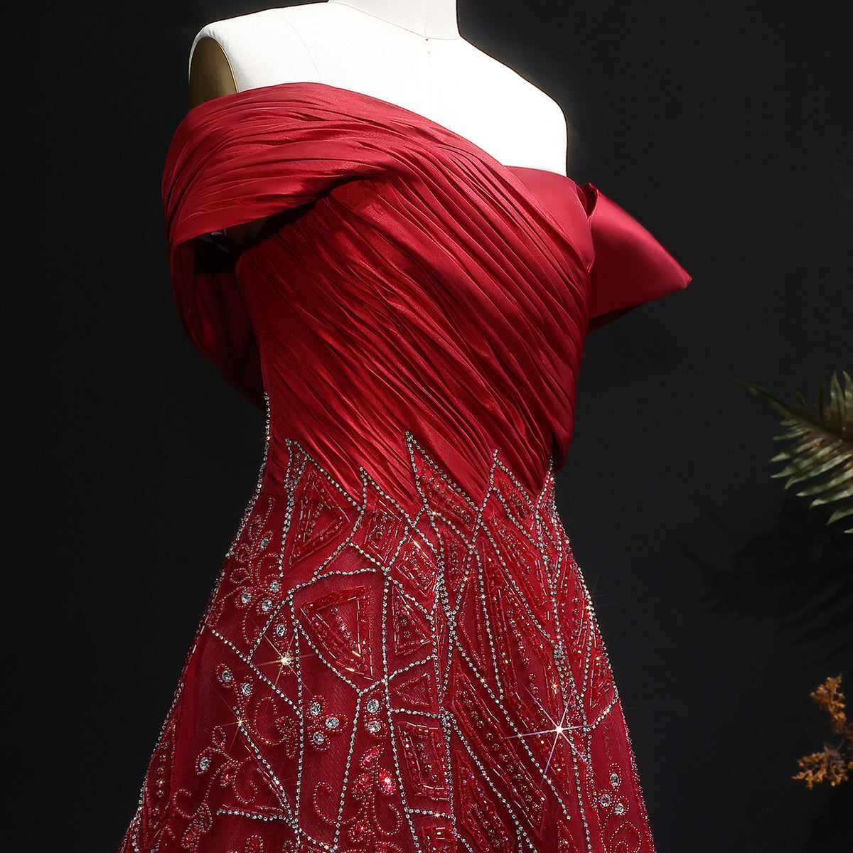 Luxury Burgundy Beaded Off Shoulder Evening Gown SS582 