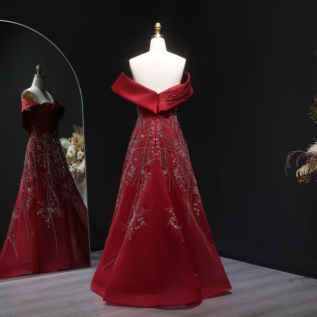 Luxury Burgundy Beaded Off Shoulder Evening Gown SS582 