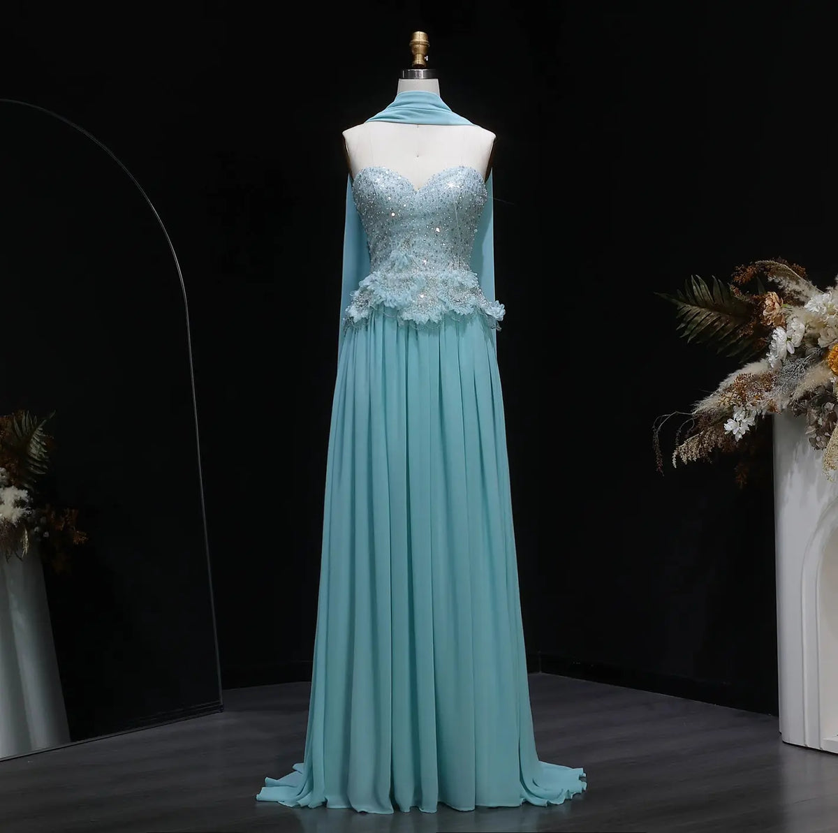 Romantic Aqua Flowy Chiffon Evening Dress SS274