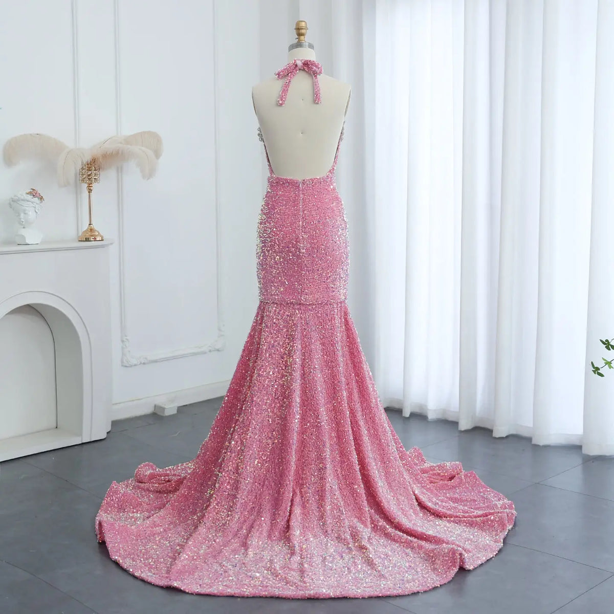 Sparkly Crystal Pink Sequined Halter Prom Dress RM056 Sparkly Crystal Pink Sequined Halter Prom Dress RM056