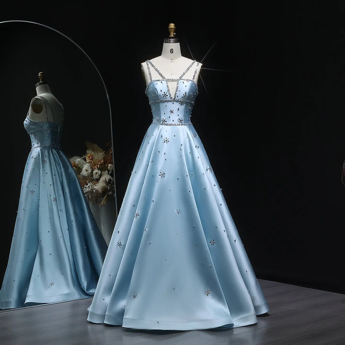 Elegant Blue Satin Embellished Crystal Strap Evening Dress SS428 Elegant Blue Satin Embellished Crystal Strap Evening Dress SS428