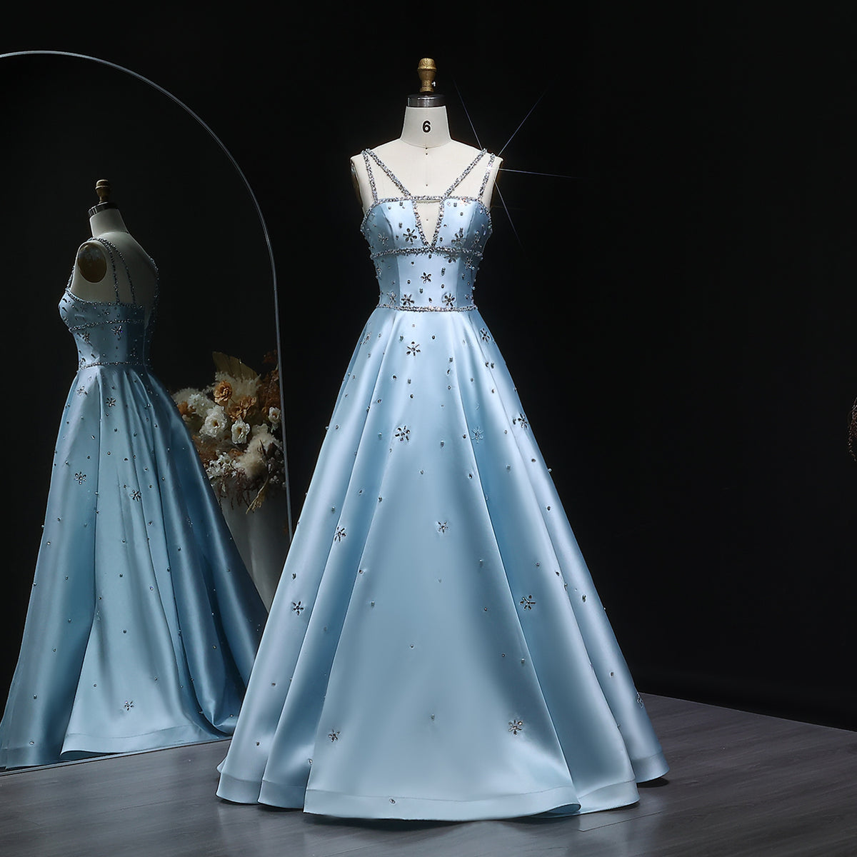 Elegant Blue Satin Embellished Crystal Strap Evening Dress SS428 