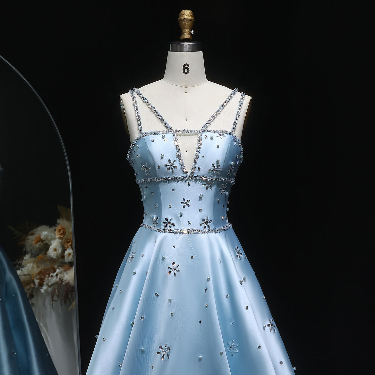 Elegant Blue Satin Embellished Crystal Strap Evening Dress SS428 