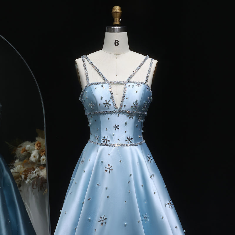Elegant Blue Satin Embellished Crystal Strap Evening Dress SS428 