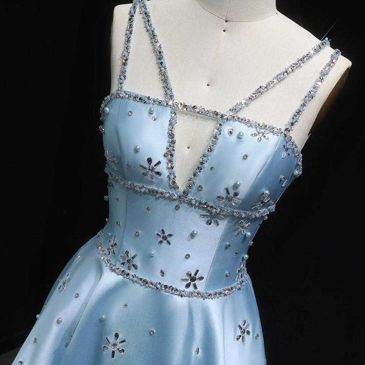 Elegant Blue Satin Embellished Crystal Strap Evening Dress SS428 Elegant Blue Satin Embellished Crystal Strap Evening Dress SS428