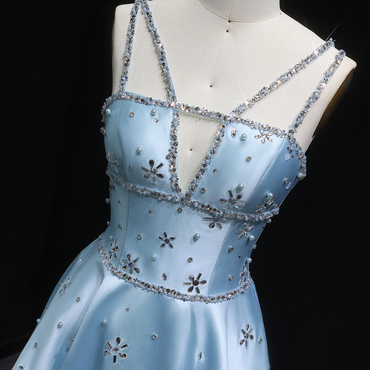 Elegant Blue Satin Embellished Crystal Strap Evening Dress SS428 