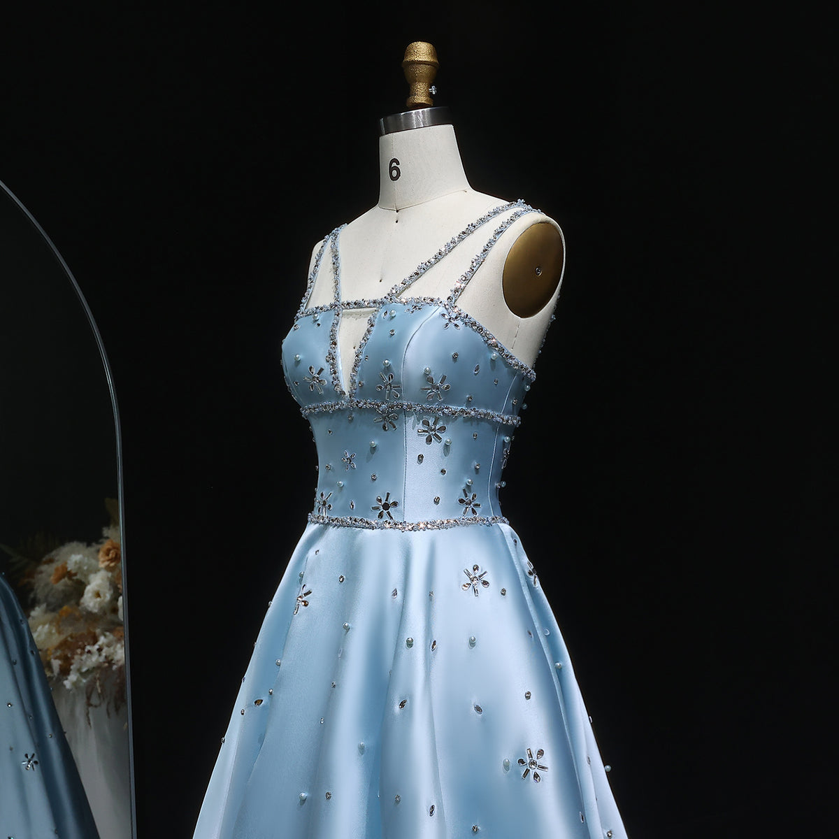 Elegant Blue Satin Embellished Crystal Strap Evening Dress SS428 