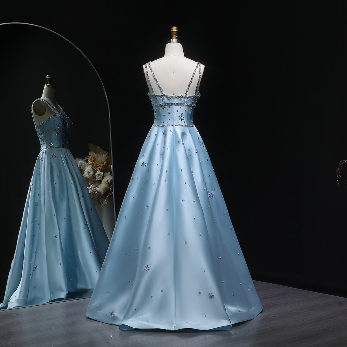 Elegant Blue Satin Embellished Crystal Strap Evening Dress SS428 