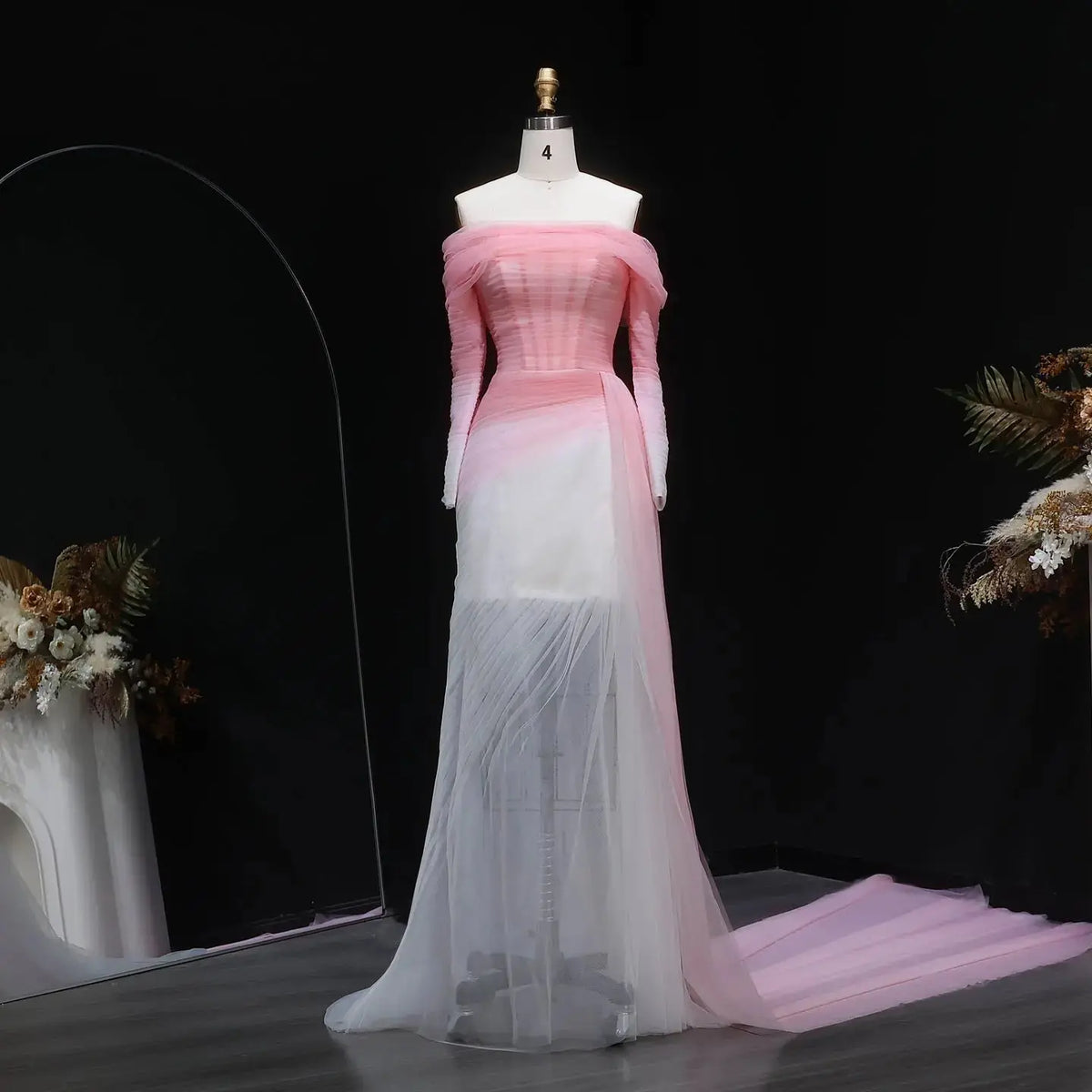 Brown Tulle Off Shoulder Evening Dress with Slit SF232 