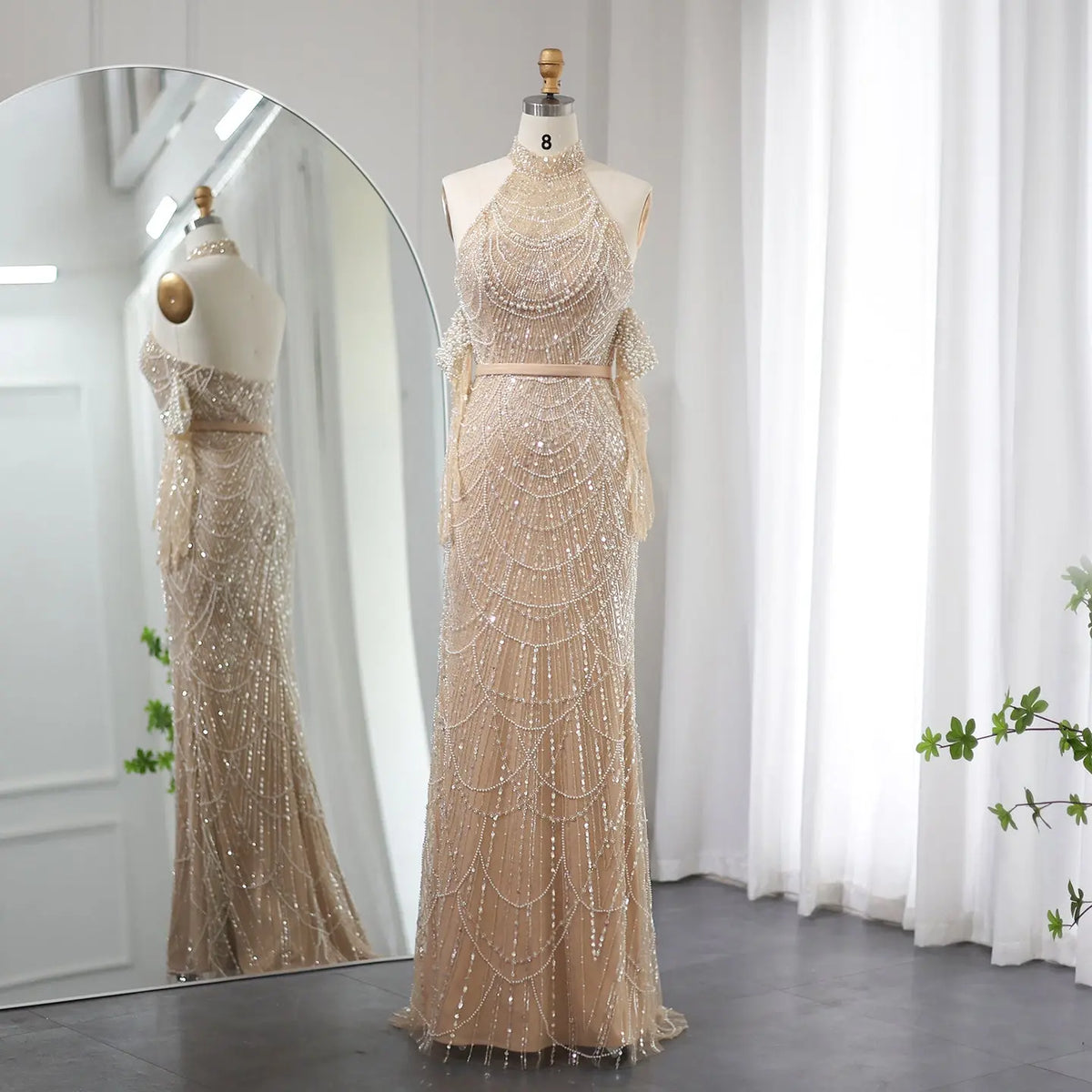 Luxury Nude Halter Mermaid Evening Dress with Gloves SS689 - SHARONSAID Luxury Nude Halter Mermaid Evening Dress with Gloves SS689 - SHARONSAID