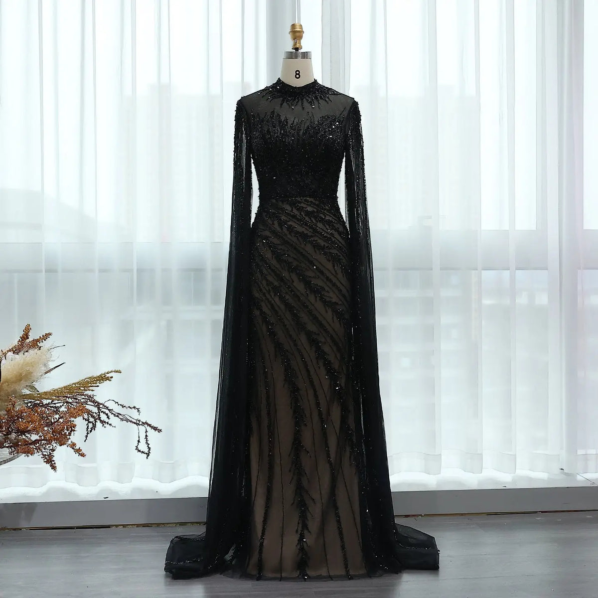 Luxury Black High Neck Evening Dress with Cape Sleeves SS162 - SHARONSAID Luxury Black High Neck Evening Dress with Cape Sleeves SS162 - SHARONSAID