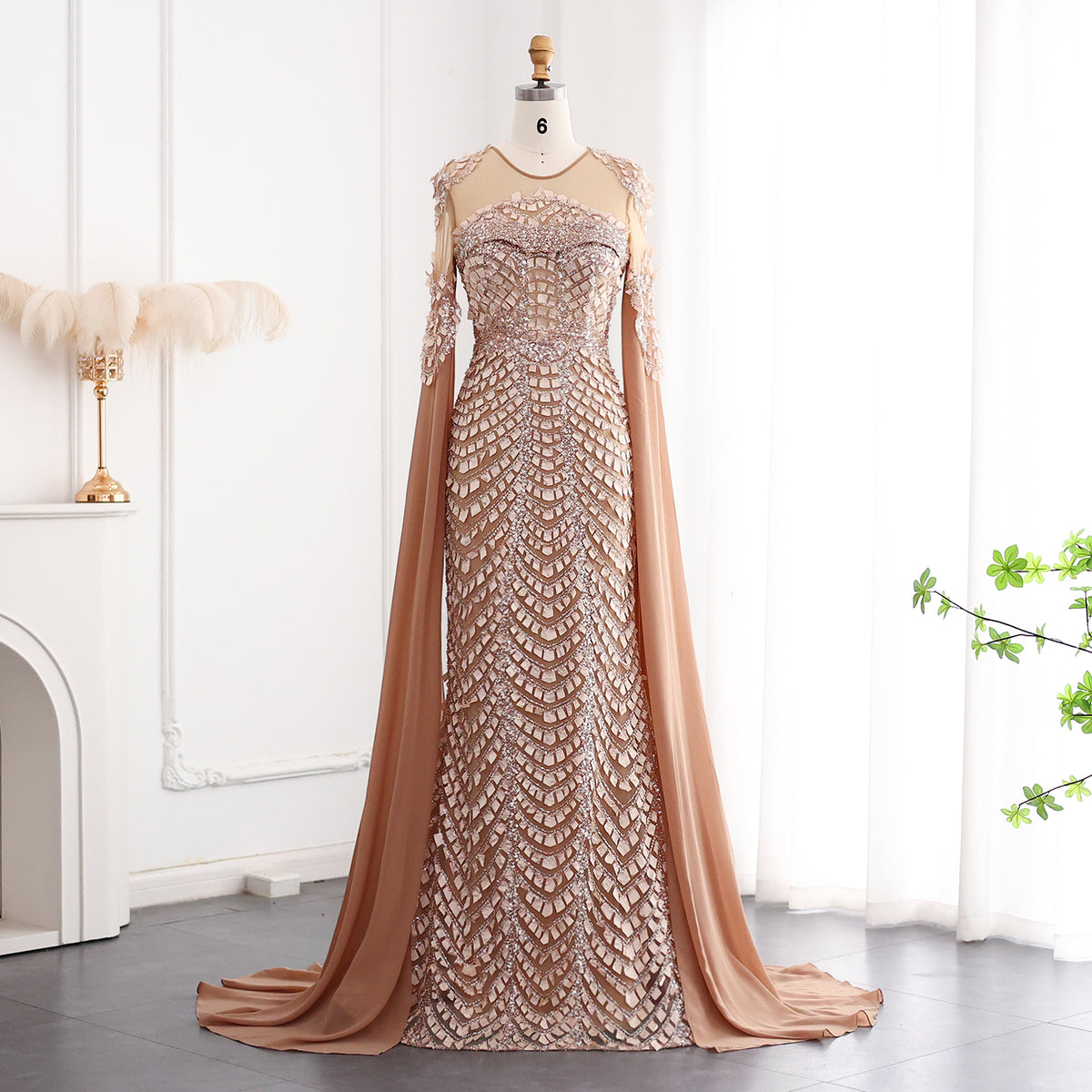 Luxury Orange Mermaid Evening Dress with Cape Sleeves SS002