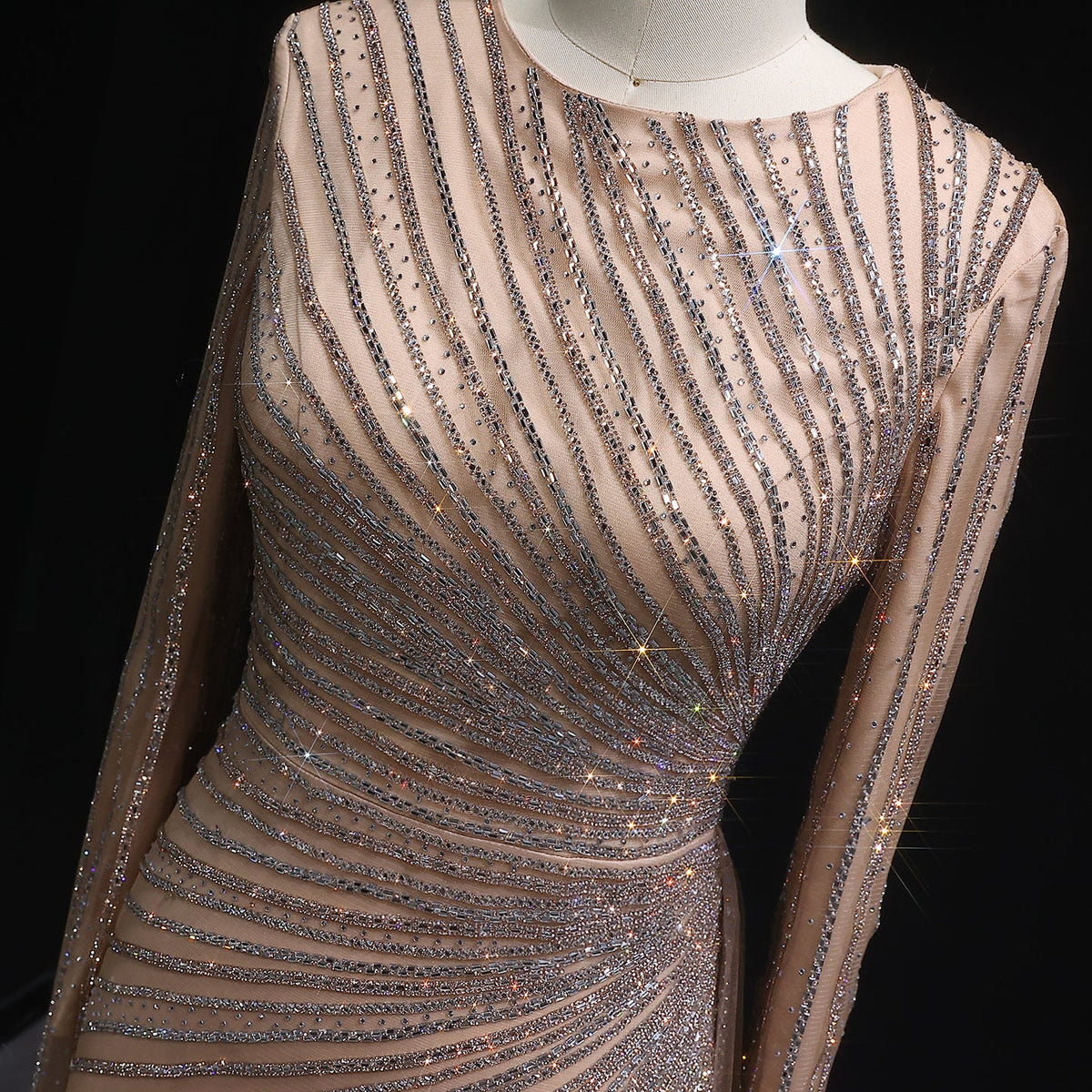 Luxury Beaded Gold Long Sleeves Evening Dress with Overskirt SS113