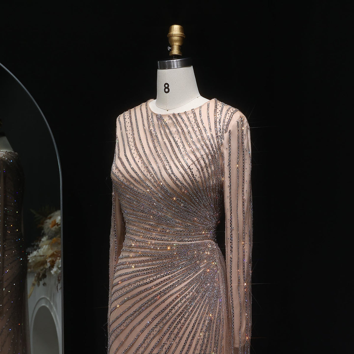 Luxury Beaded Gold Long Sleeves Evening Dress with Overskirt SS113