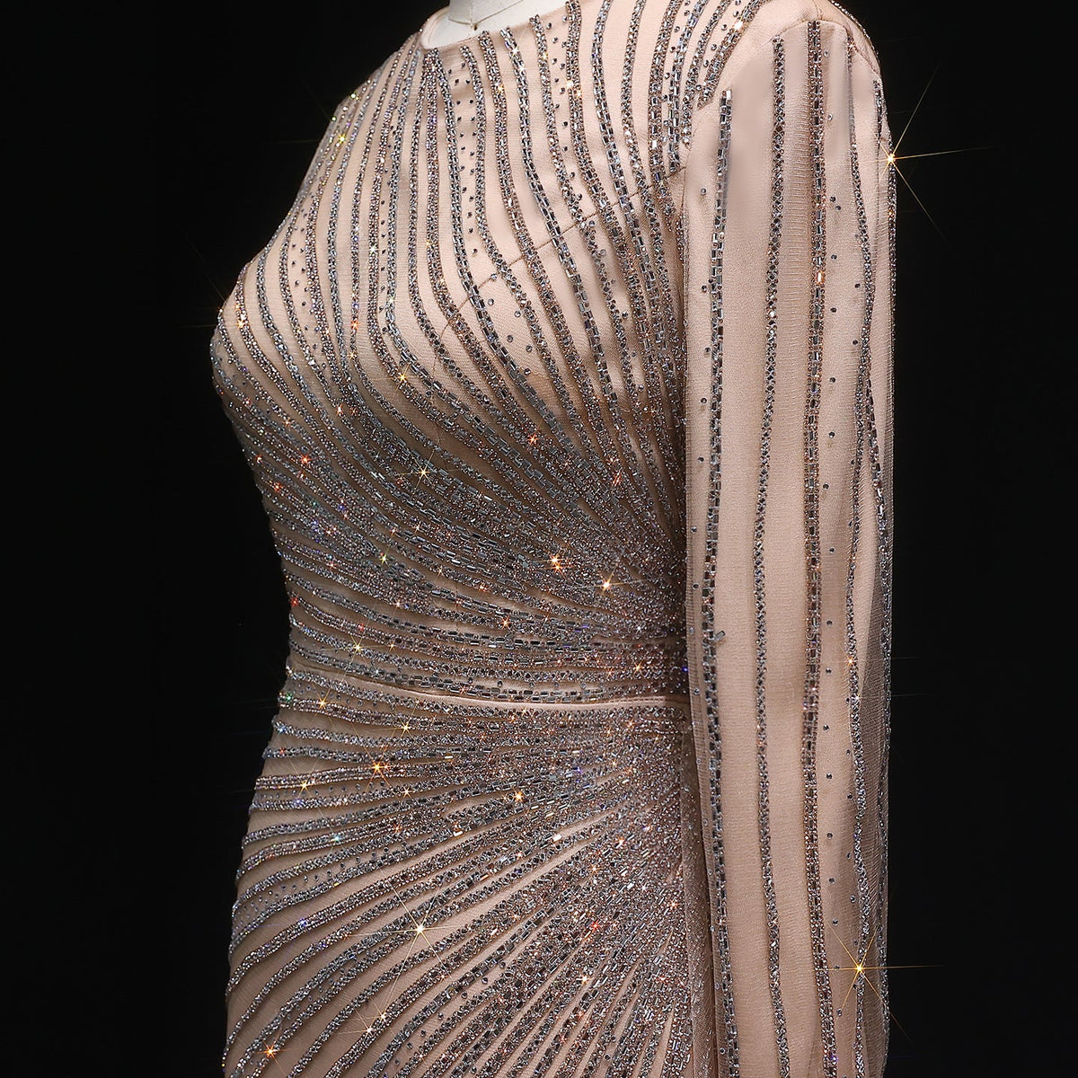 Luxury Beaded Gold Long Sleeves Evening Dress with Overskirt SS113