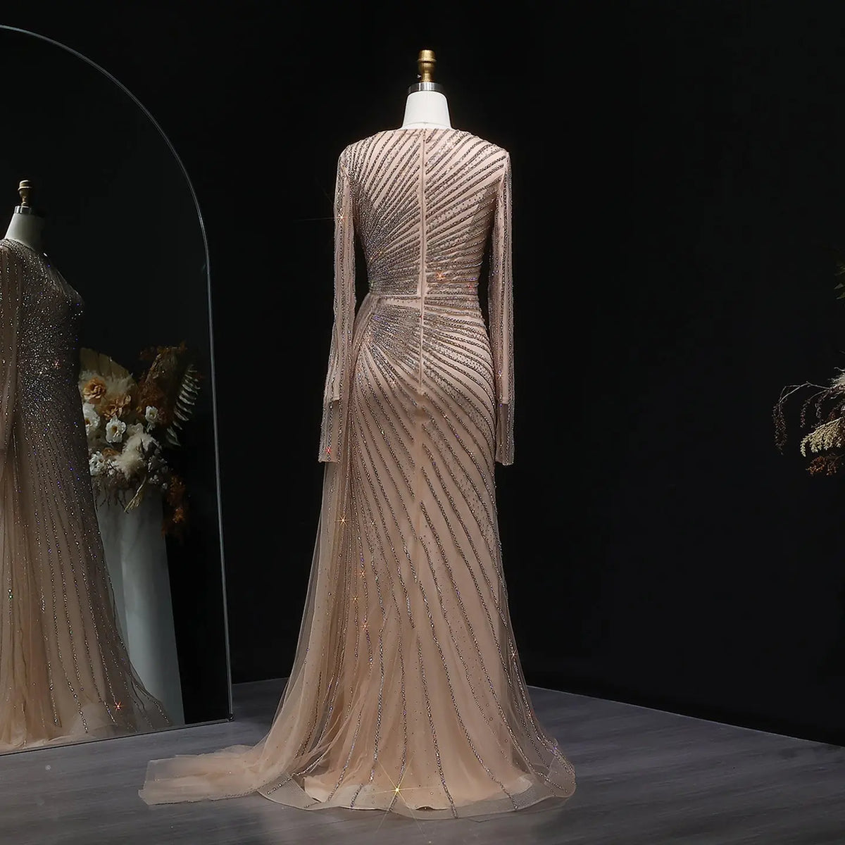 Luxury Beaded Gold Long Sleeves Evening Dress with Overskirt SS113