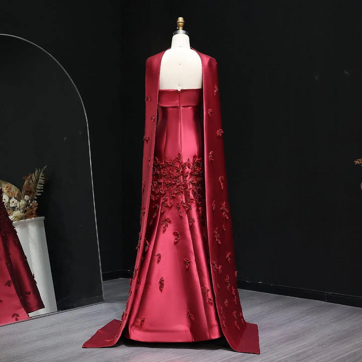 Luxury 3D Leaves Pink Satin Evening Dress with Cape SS463 Luxury 3D Leaves Pink Satin Evening Dress with Cape SS463