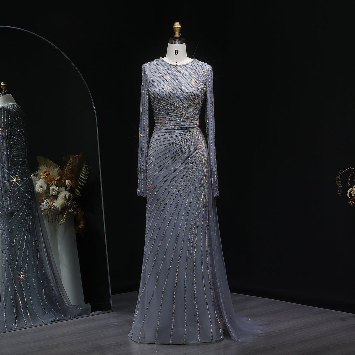 Luxury Beaded Gold Long Sleeves Evening Dress with Overskirt SS113  Gray / US 18