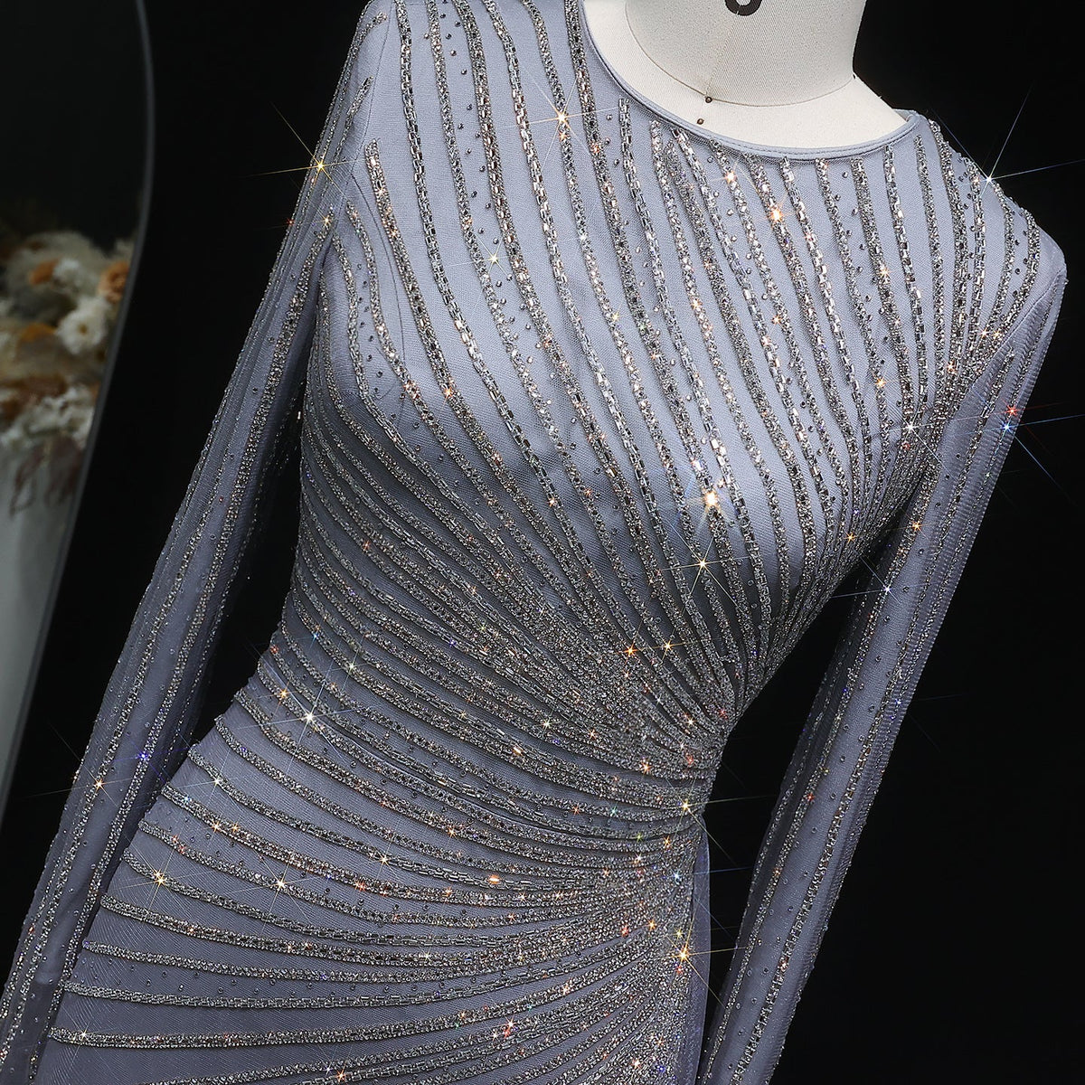 Luxury Beaded Gold Long Sleeves Evening Dress with Overskirt SS113