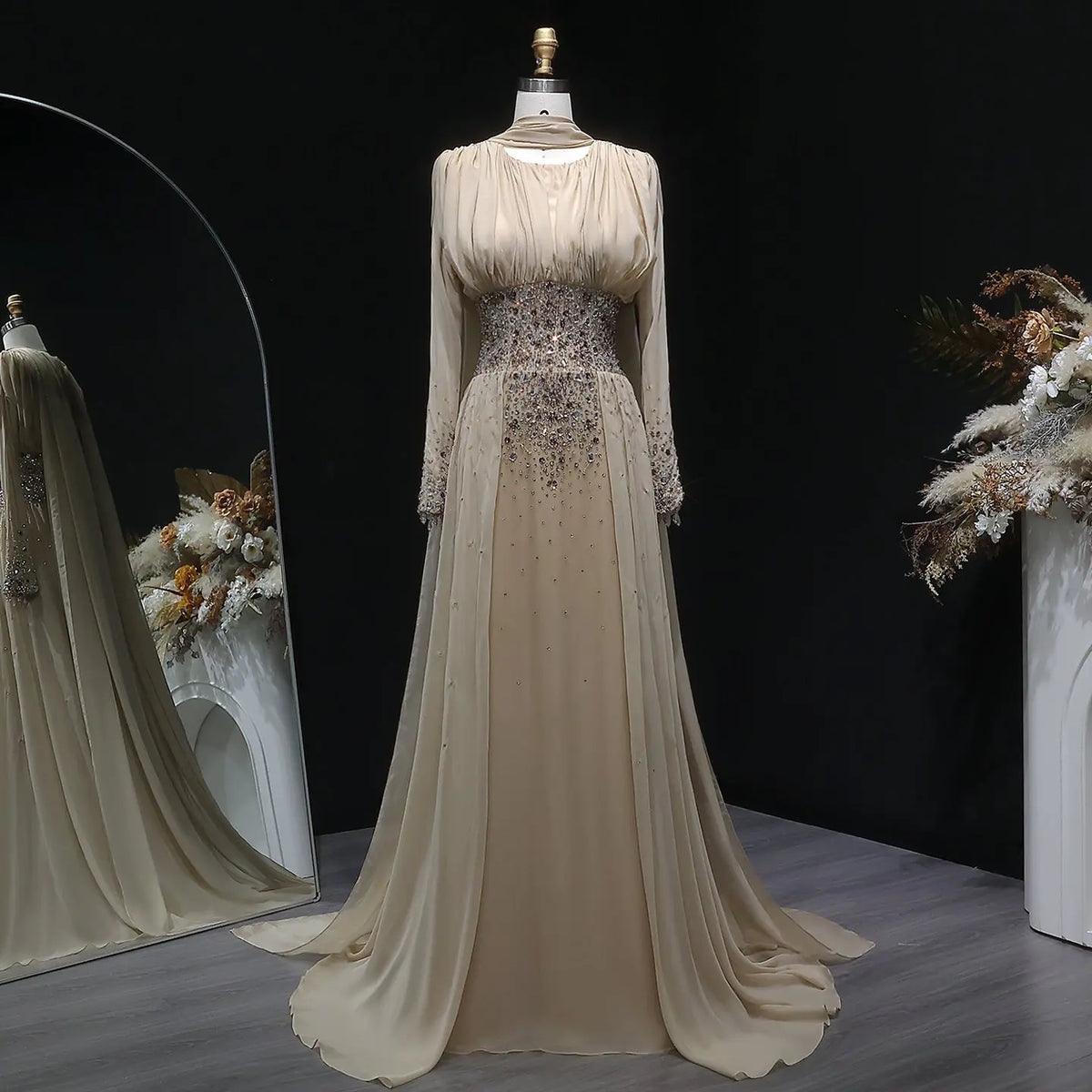 Luxury Champagne Beaded Crystal Fitted Evening Dress with Sheer Cape SS533 