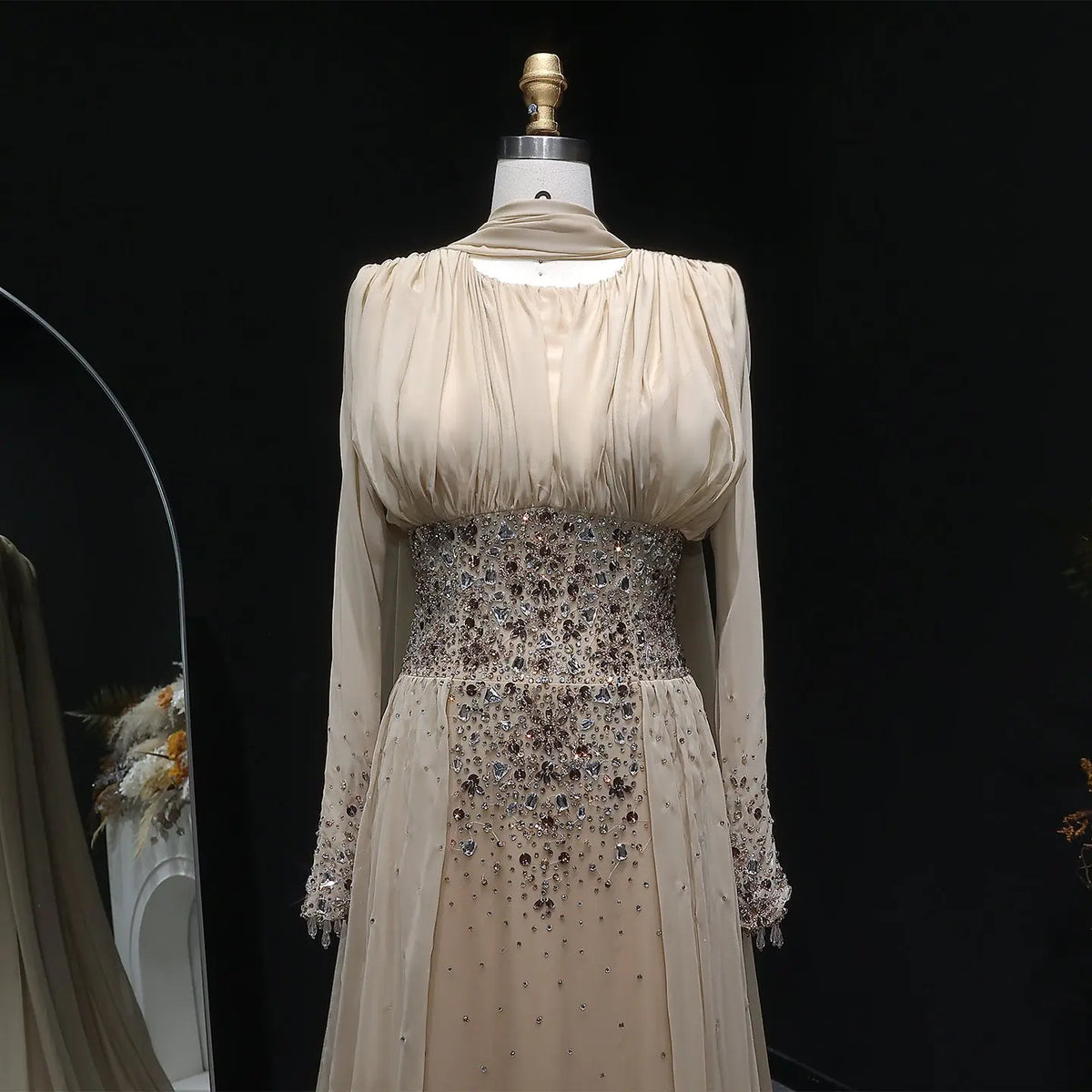 Luxury Champagne Beaded Crystal Fitted Evening Dress with Sheer Cape SS533 