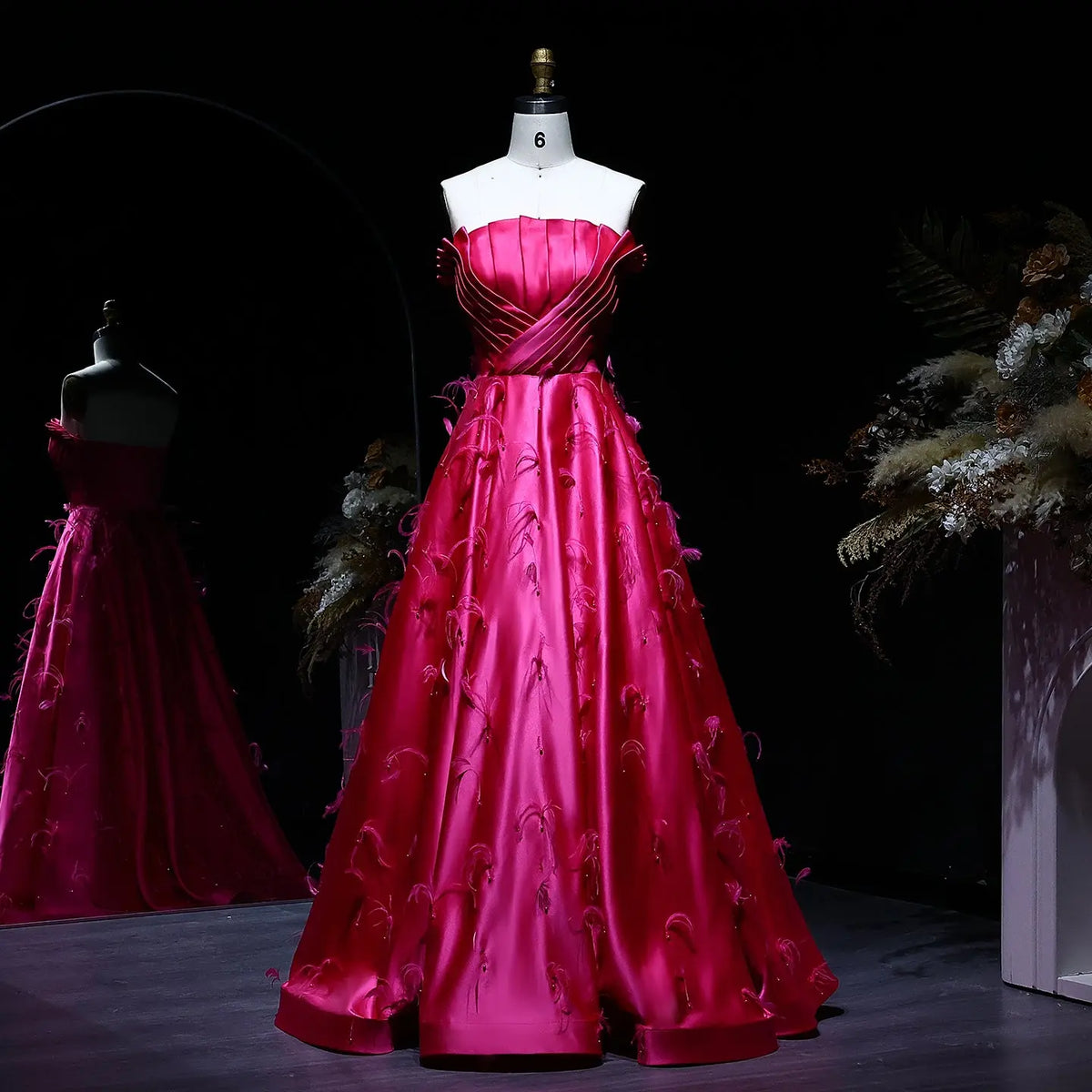 Elegant Strapless Fuchsia Satin Evening Dress with Feathers SS569 