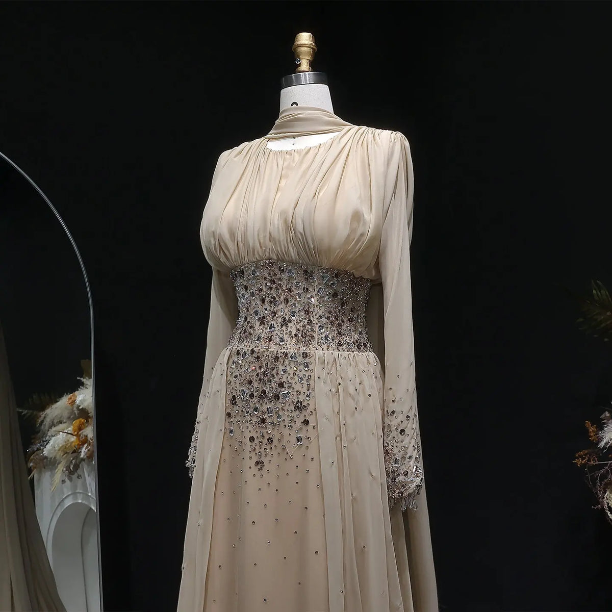 Luxury Champagne Beaded Crystal Fitted Evening Dress with Sheer Cape SS533 