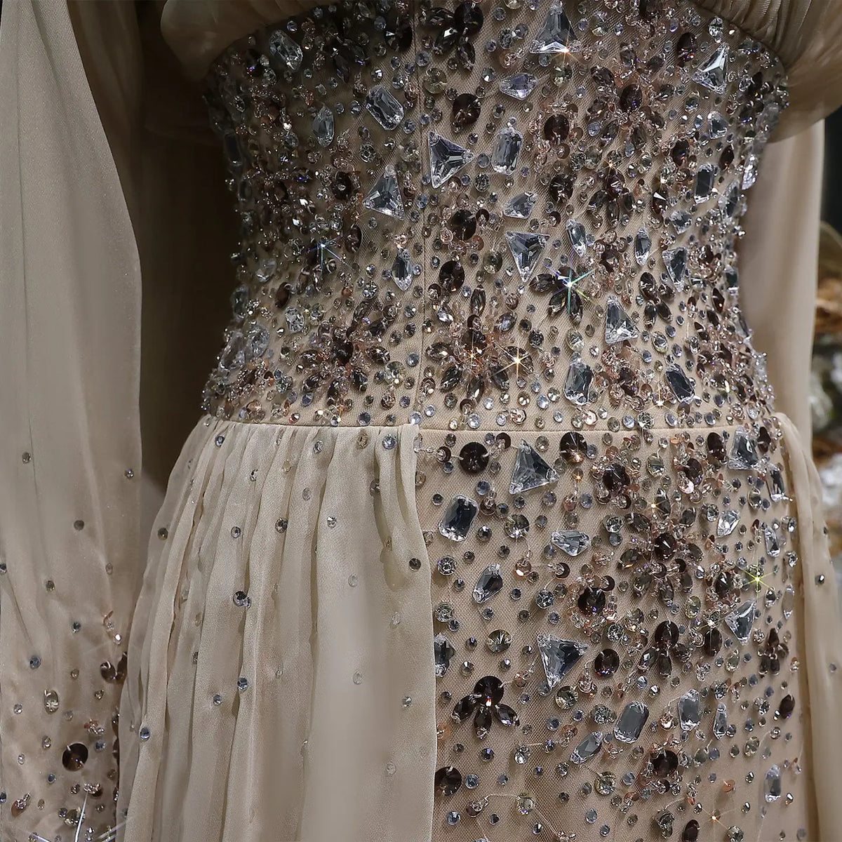 Luxury Champagne Beaded Crystal Fitted Evening Dress with Sheer Cape SS533 