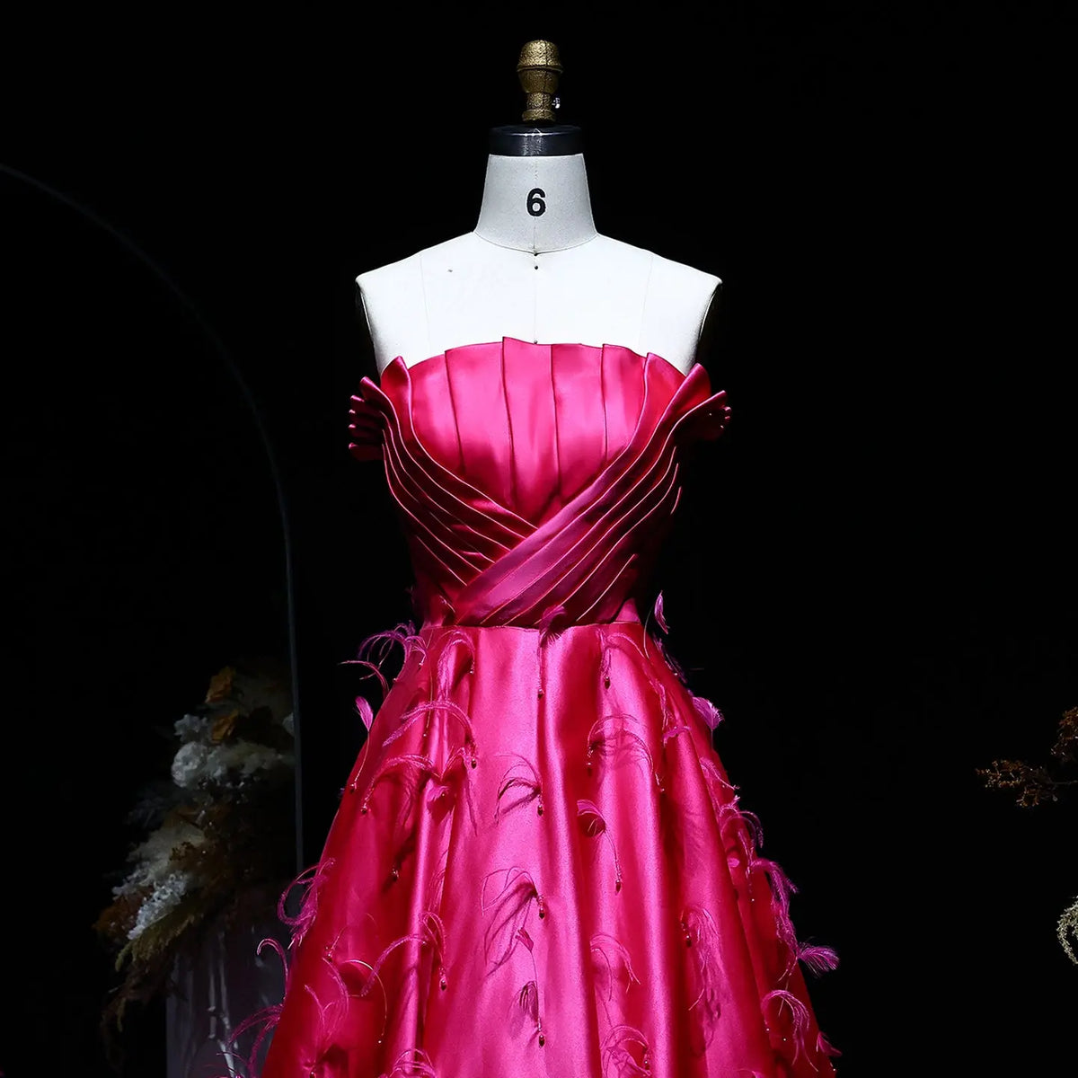 fuchsia satin dress Final Sale Strapless Fuchsia Satin Evening Dress with Feathers SS569