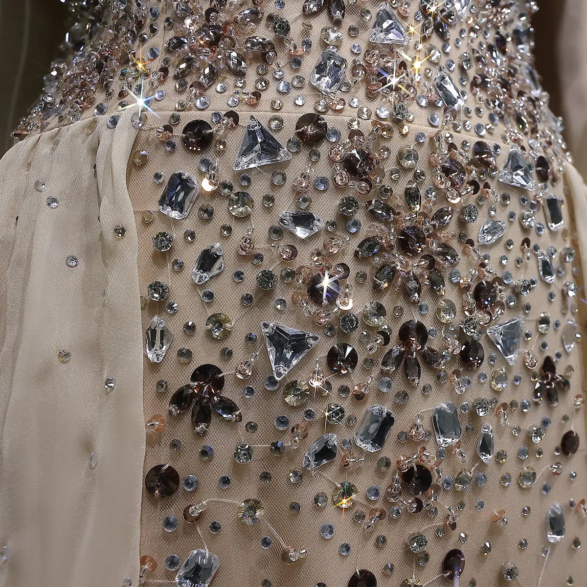Luxury Champagne Beaded Crystal Fitted Evening Dress with Sheer Cape SS533 