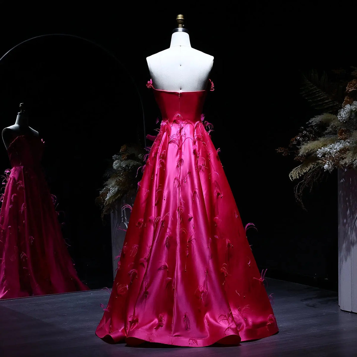 Final Sale Strapless Fuchsia Satin Evening Dress with Feathers SS569 Final Sale Strapless Fuchsia Satin Evening Dress with Feathers SS569