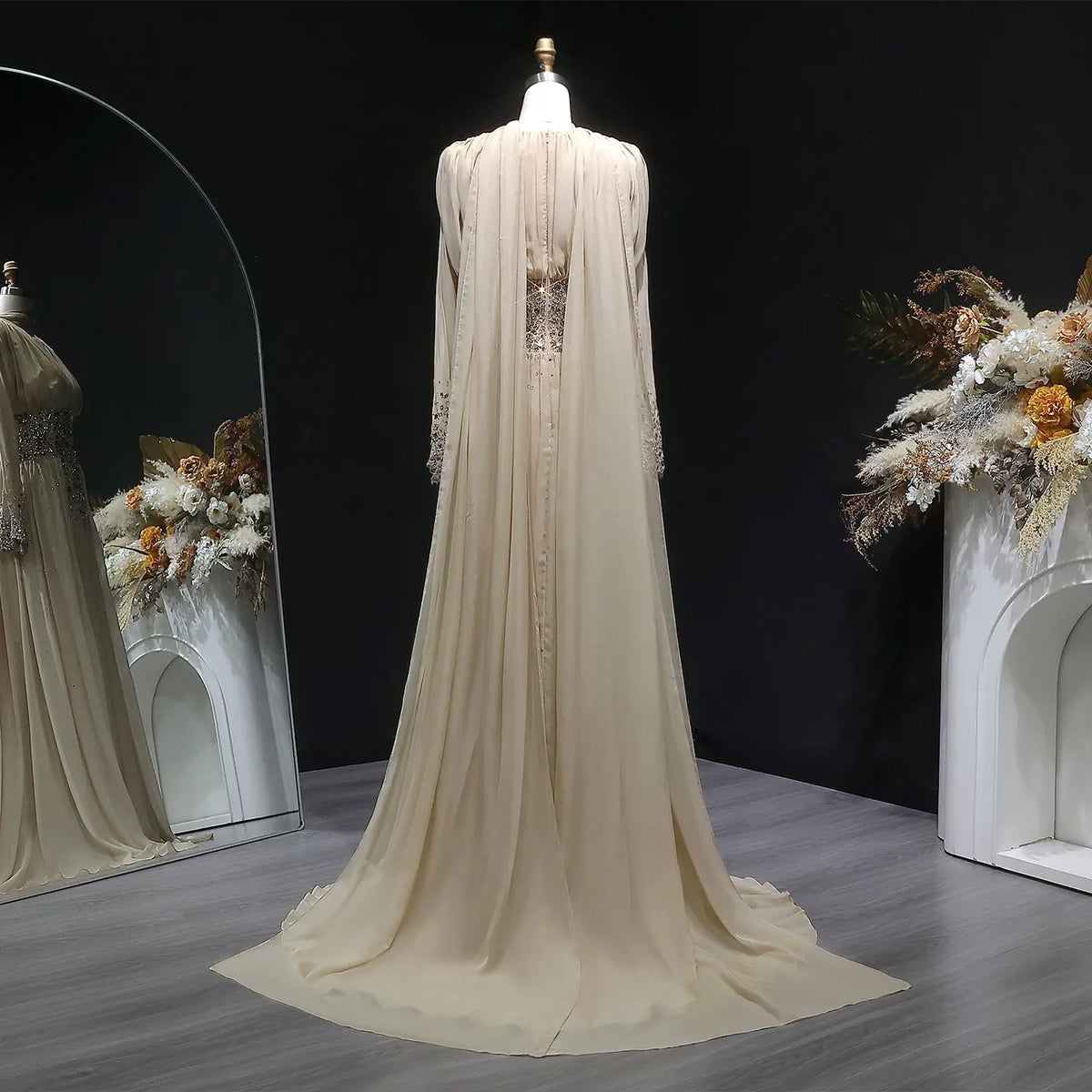Luxury Champagne Beaded Crystal Fitted Evening Dress with Sheer Cape SS533 