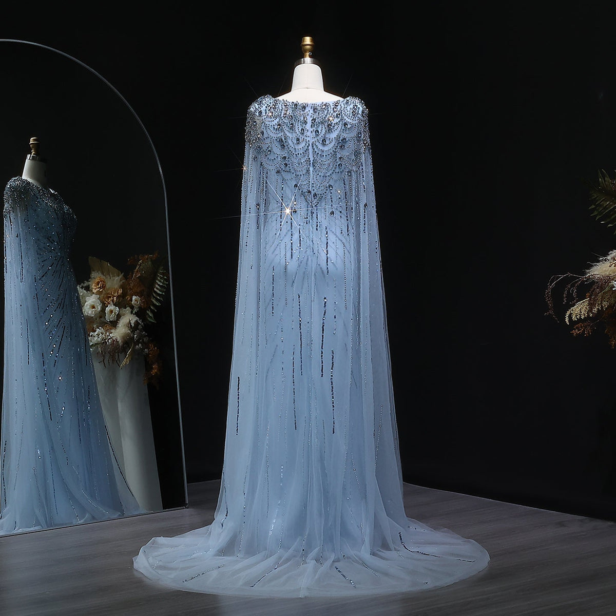 Luxury Crystal Lilac Evening Dress with Cape Sleeves SS549