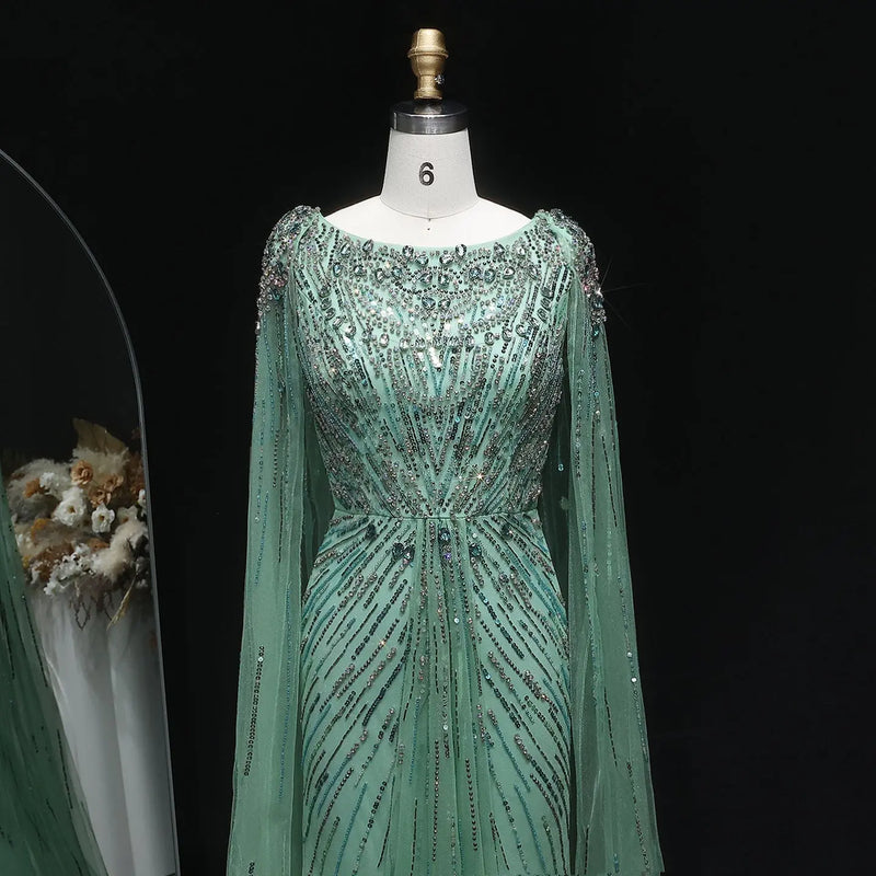Luxury Crystal Lilac Evening Dress with Cape Sleeves SS549 