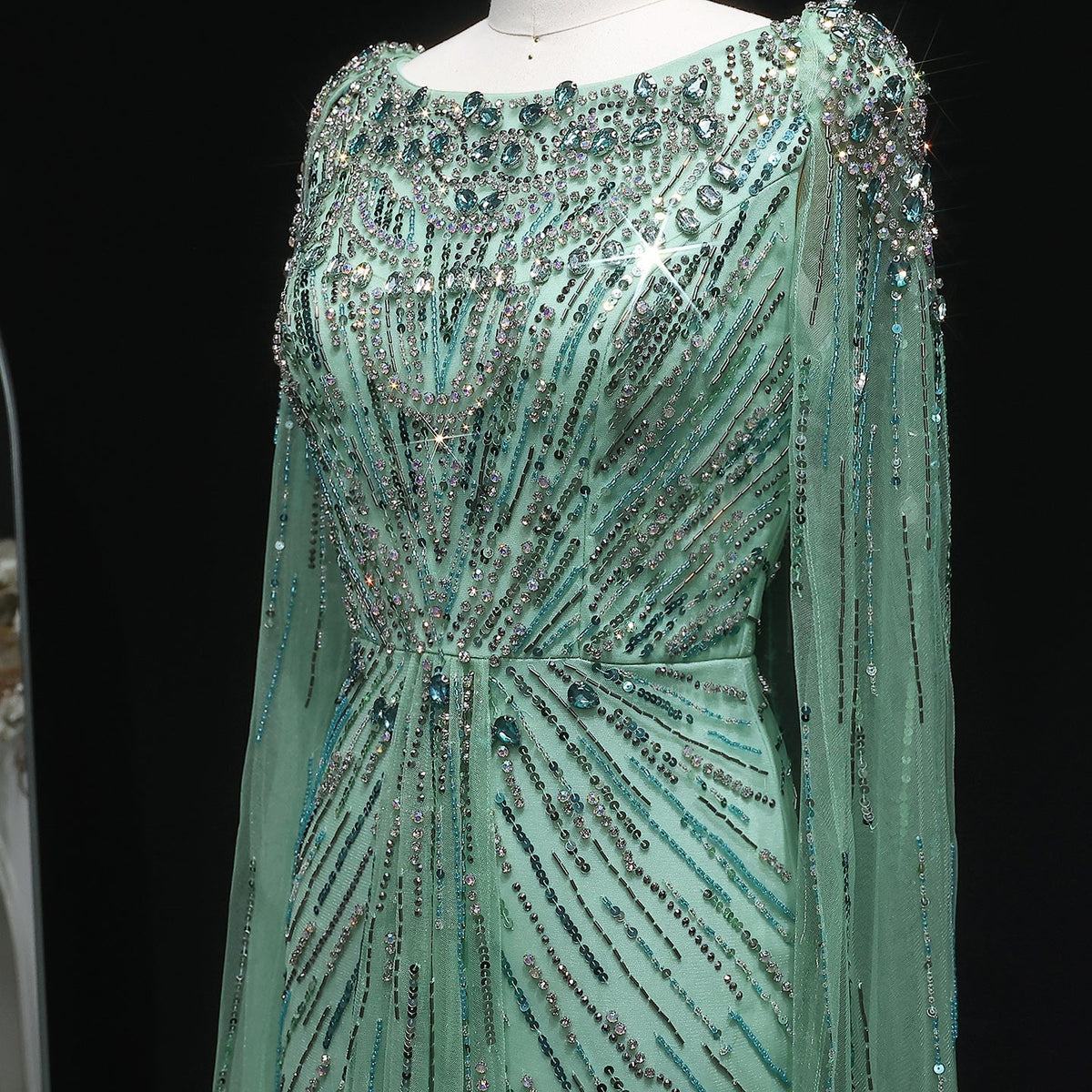 Luxury Crystal Lilac Evening Dress with Cape Sleeves SS549