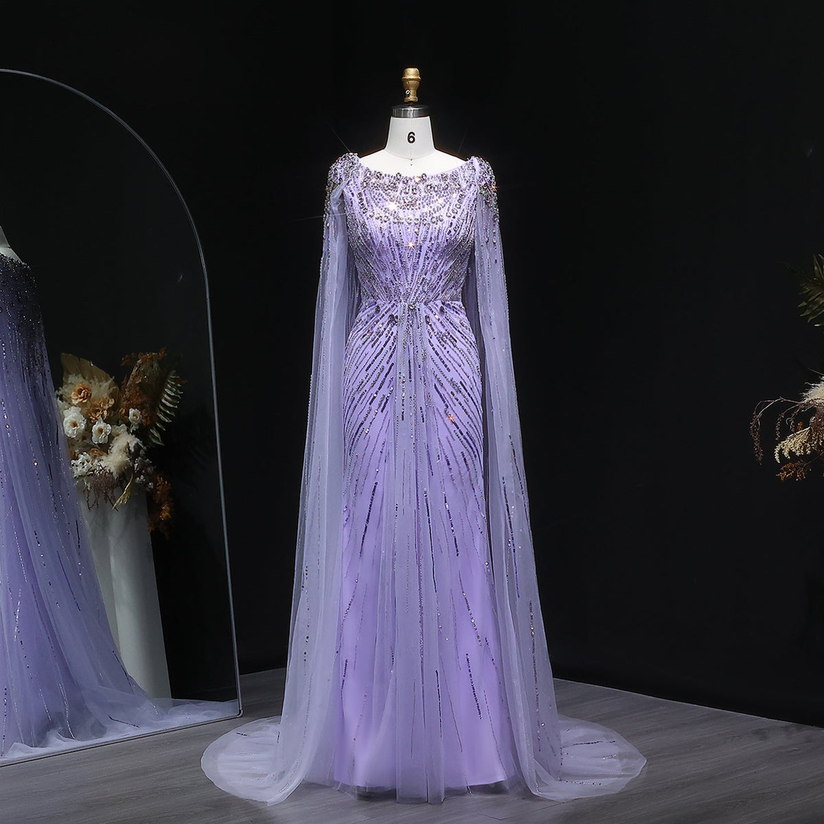 Luxury Crystal Lilac Evening Dress with Cape Sleeves SS549  Lilac / US 20